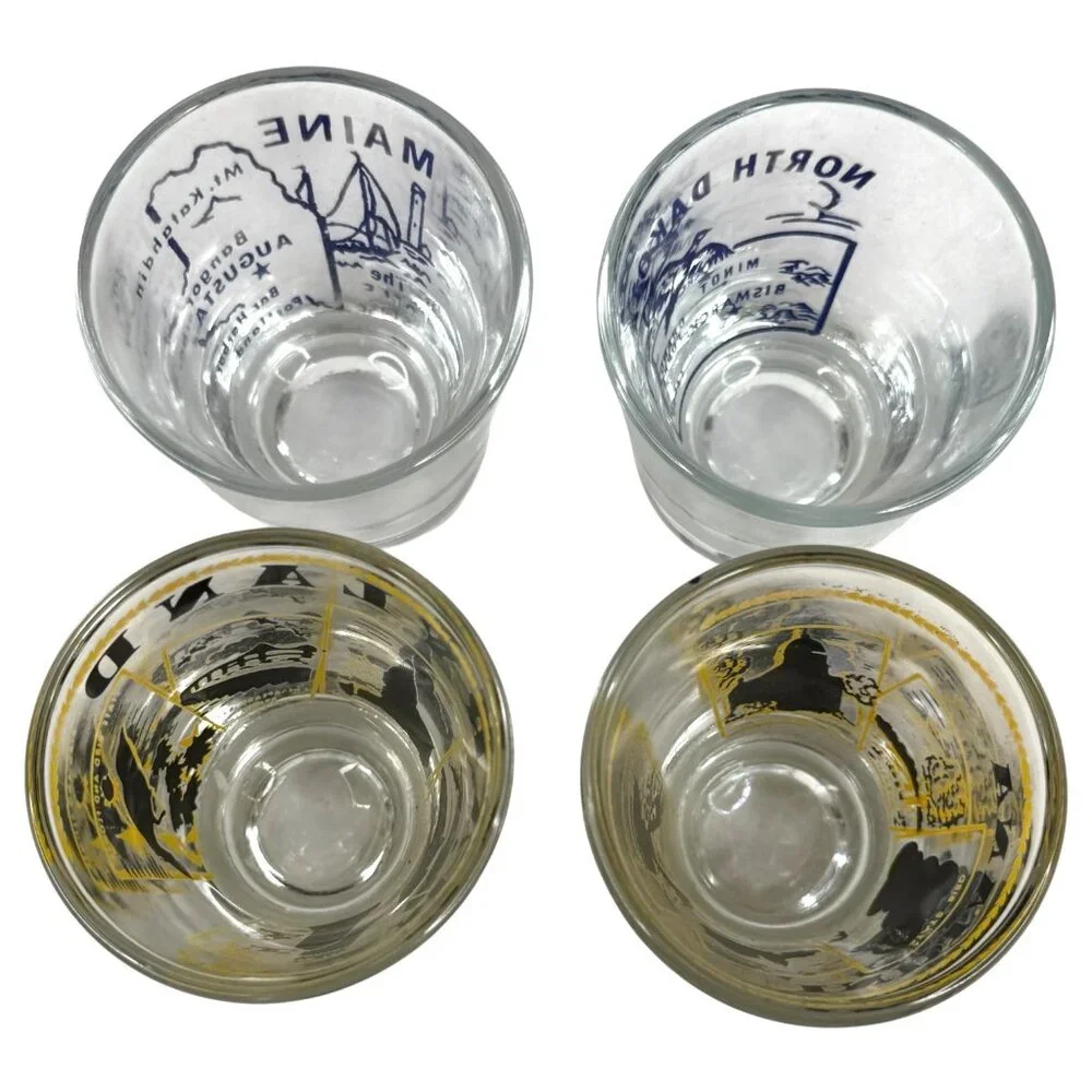 Set Of 4 Vintage Shot Glasses State Theme Maryland Indiana North Dakota And Main